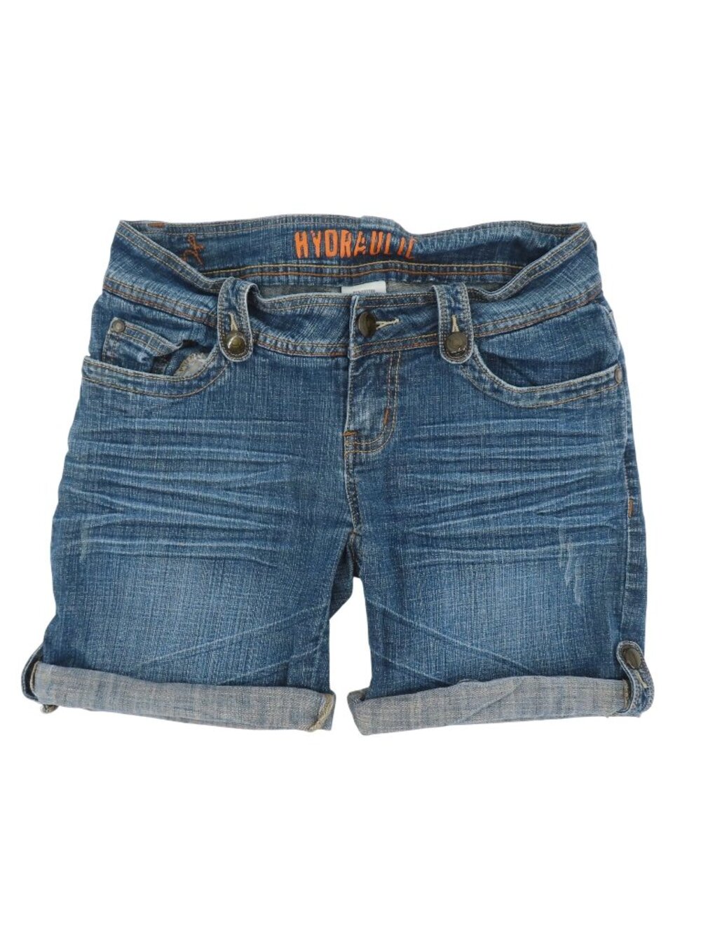 Hydraulic Juniors 3/4 Roll Hem Blue Jean Denim Shorts Whiskered Cotton Blend Y2K